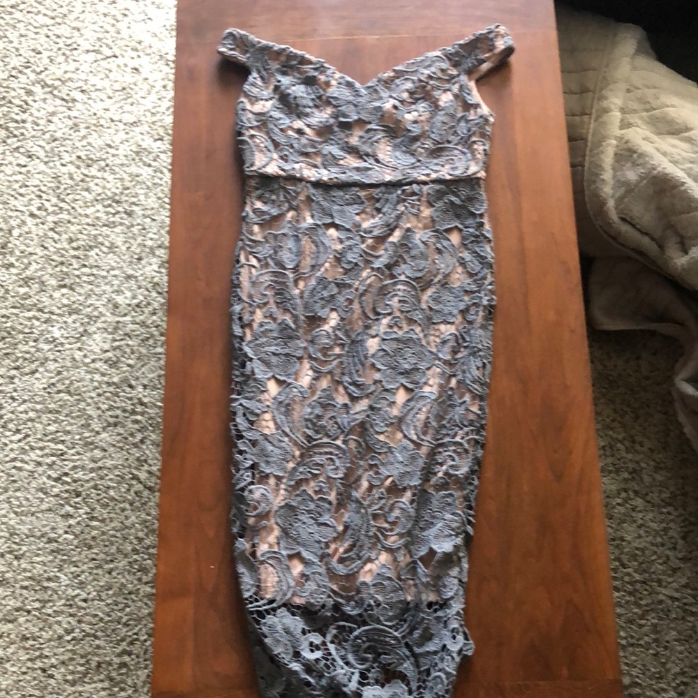 Gray lace off the shoulder dress